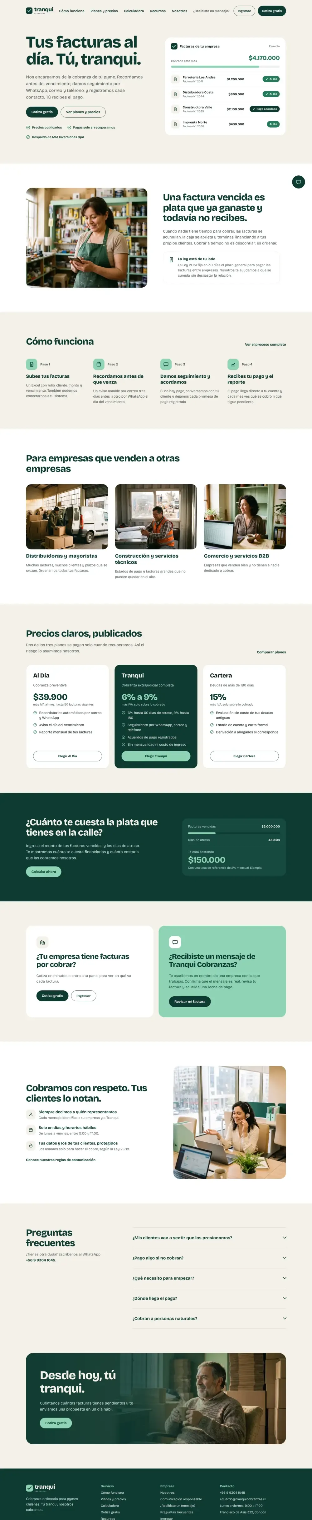 Sitio de Tranqui Cobranzas en escritorio